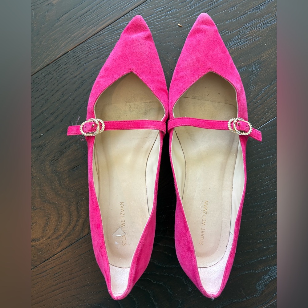 Stuart Weitzman Pink Suede Pointed Mary Jane Flats rhinestone buckle, sz 8
